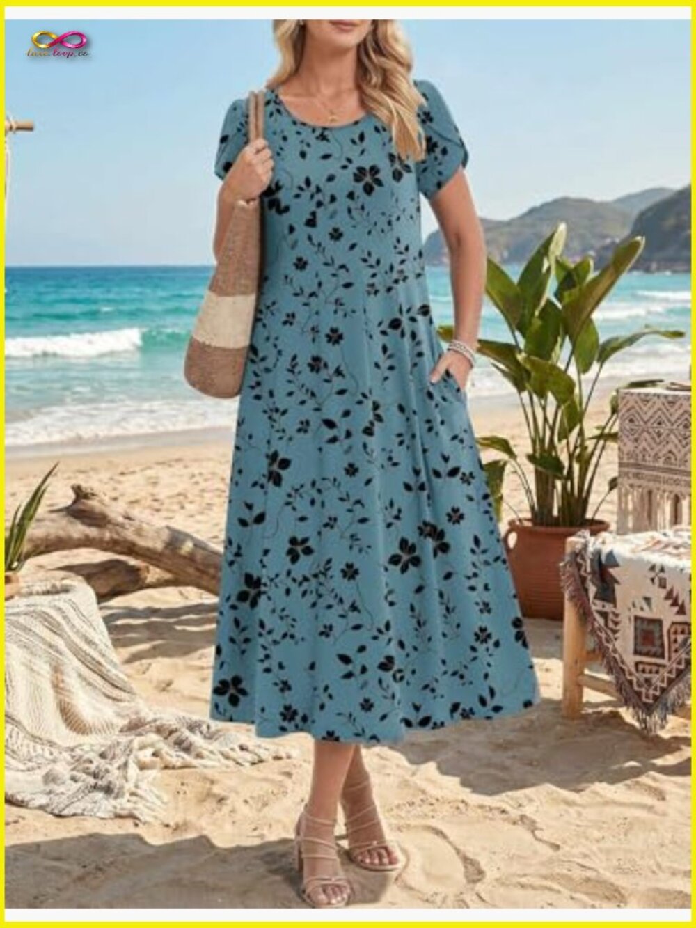 Ruffle Short Sleeve Midi Dress A-Line Flowy Pleated Sundress Casual Summer - Picture 5 of 7